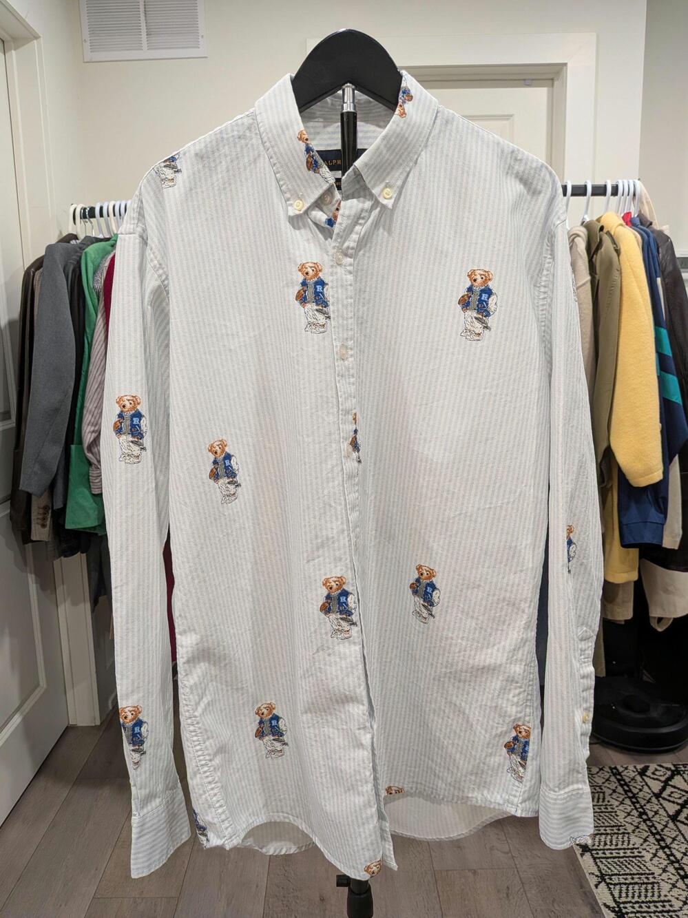 Polo Ralph Lauren Custom Fit Polo Bear Striped Oxford Shirt Mens XL